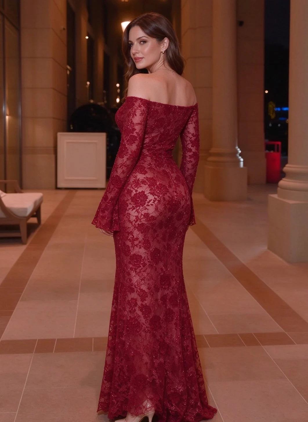 Off-Shoulder Long Sleeve Floral Lace Mermaid Maxi Evening Dress [erp-image:8dbfdf1f071eb24695cfd903]