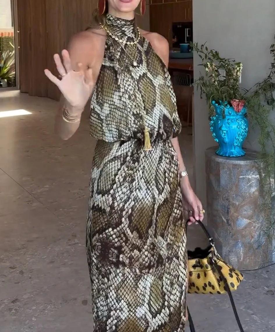Halter Neck Sleeveless Snake Print High Slit Maxi Dress [erp-image:073d696557de224c5ed14cbc]