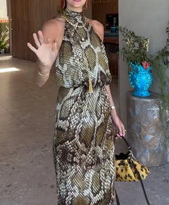 Halter Neck Sleeveless Snake Print High Slit Maxi Dress [erp-image:073d696557de224c5ed14cbc]