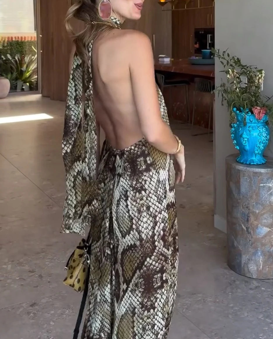Halter Neck Sleeveless Snake Print High Slit Maxi Dress [erp-image:a538e94c5c96683db544cc39]