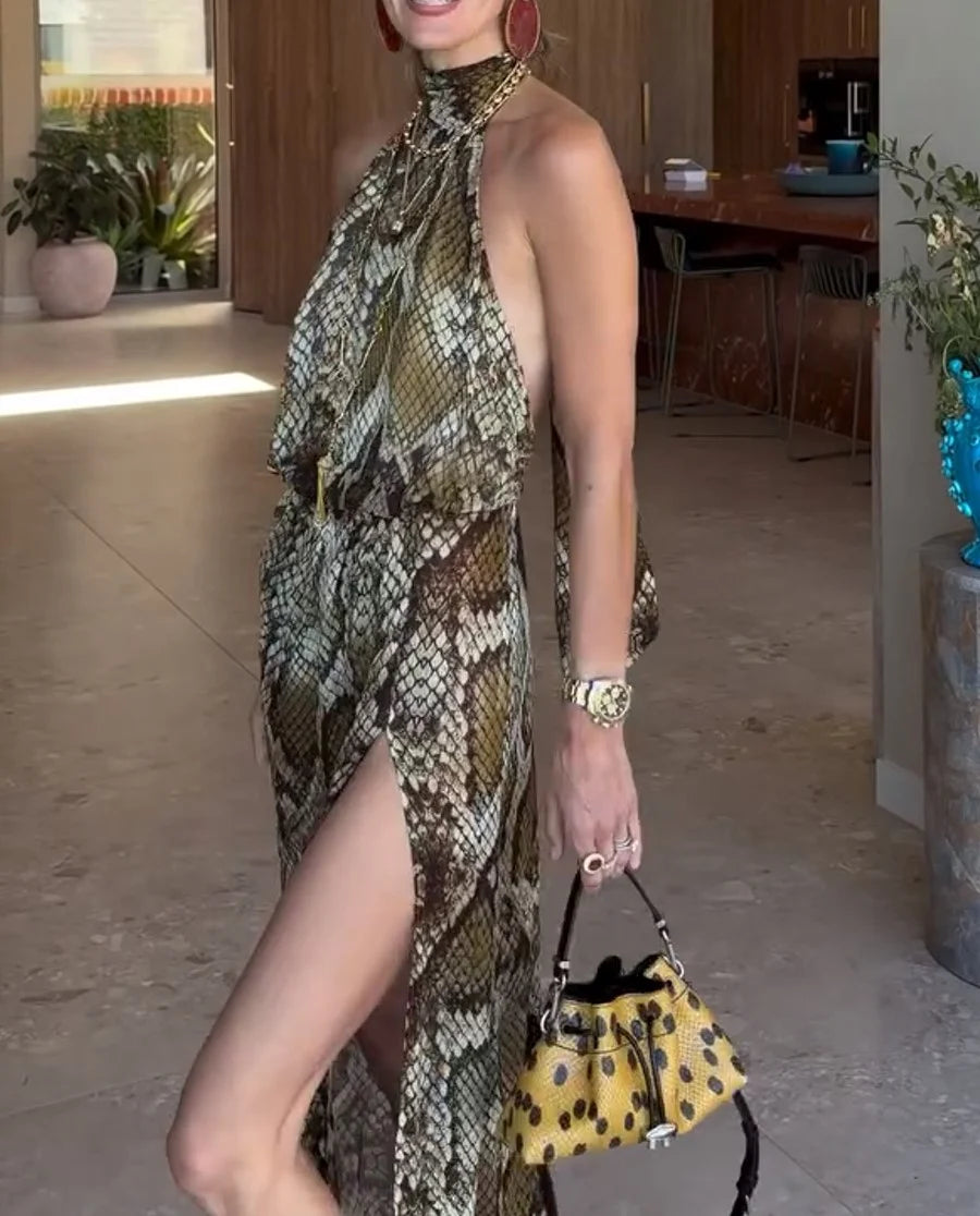 Halter Neck Sleeveless Snake Print High Slit Maxi Dress [erp-image:9b1db782cff14d406e5bb52c]
