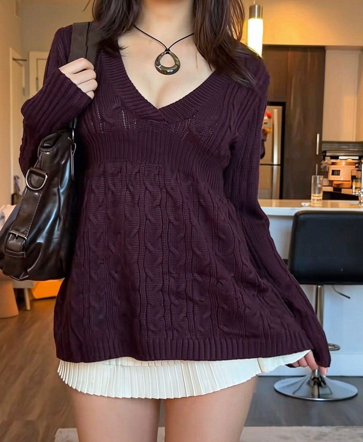 Women’s V‑Neck Babydoll Cable Knit Sweater Long Sleeve Fall Casual Pullover Top