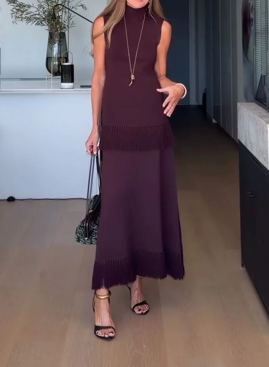 Sleeveless High Neck Fringe Trim Knit Top and Maxi Skirt Two-Piece Set [erp-image:be9041bafd3569efb7092b68]