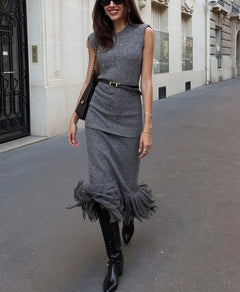 Grey Heather Sleeveless Knit Top and Fringed Hem Midi Skirt Two Piece Set [erp-image:5f64a33af3221269377a75e6]