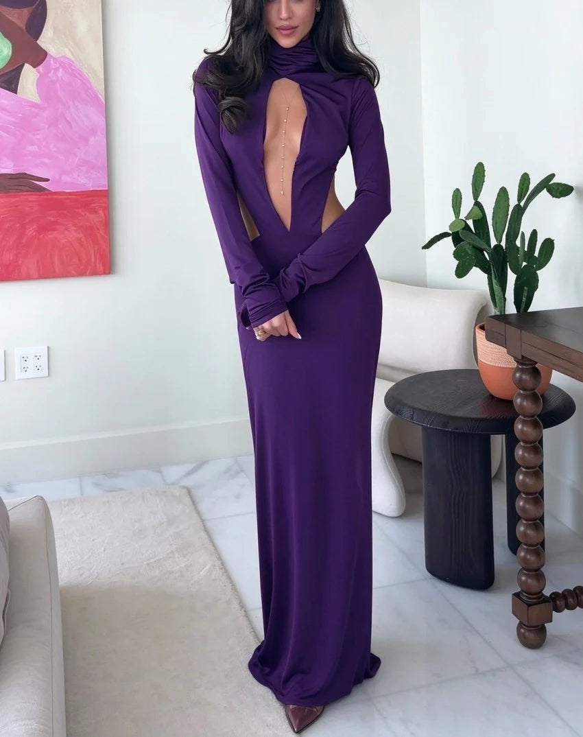 Purple High Neck Deep Plunge Cutout Long Sleeve Evening Maxi Dress [erp-image:566a6e14d1a9365ce9686b94]