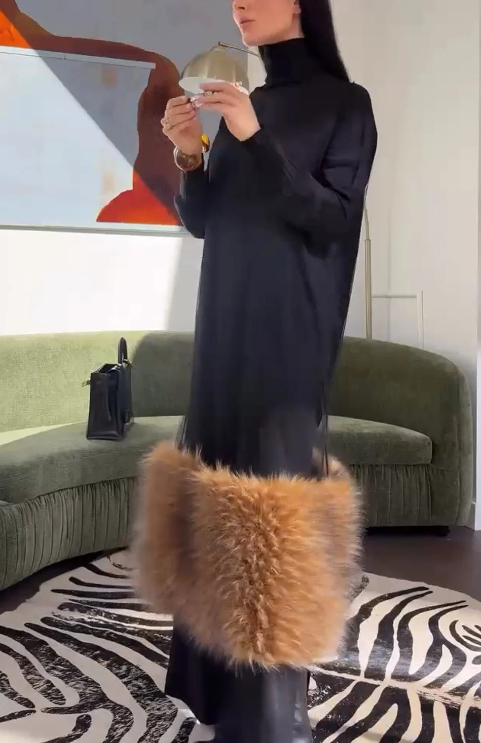 Black Turtleneck Long Sleeve Maxi Dress with Contrast Faux Fur Panel [erp-image:ac398f3d816a2898539cfe13]