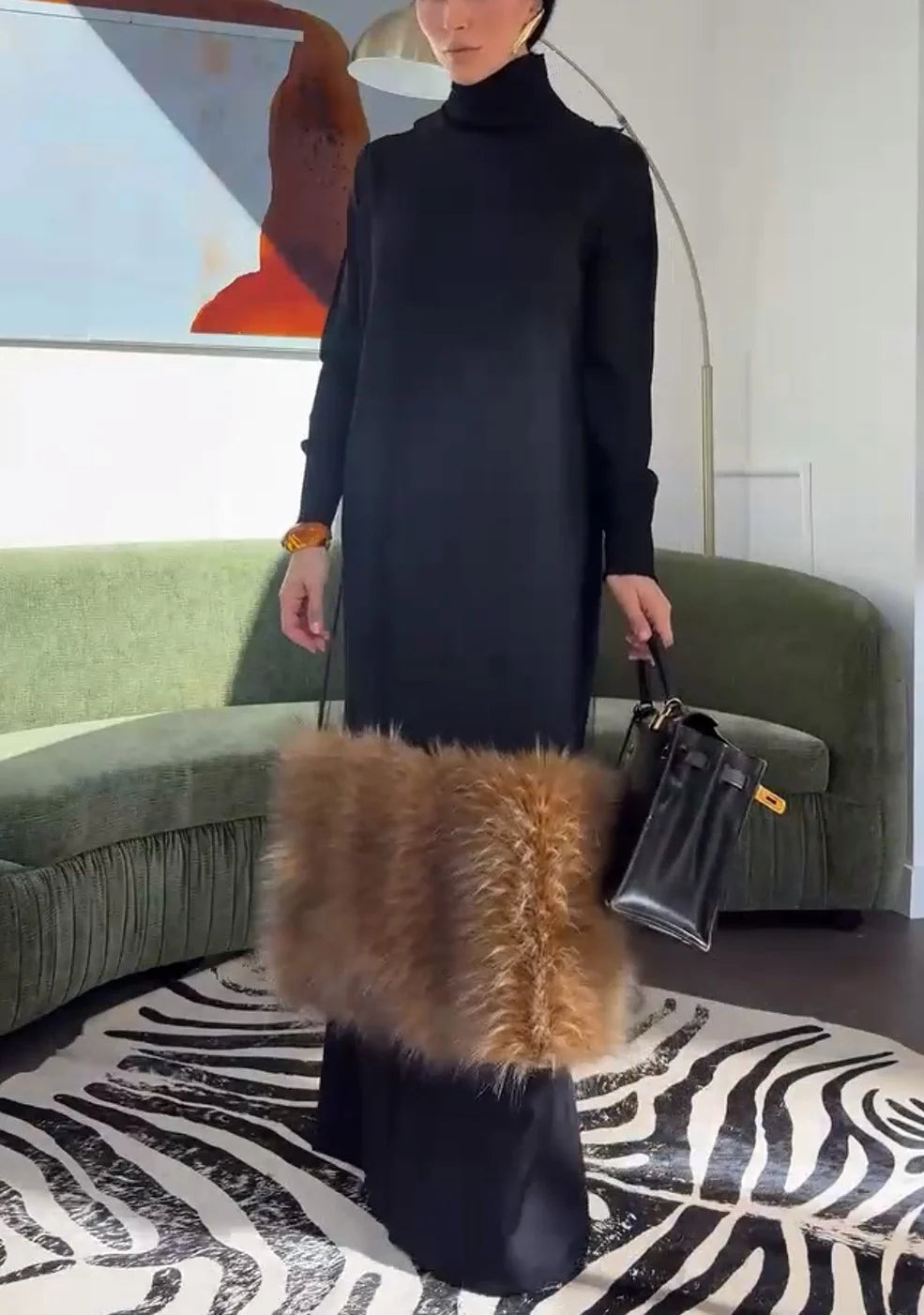 Black Turtleneck Long Sleeve Maxi Dress with Contrast Faux Fur Panel [erp-image:6bd56adae017ae1356fbb68c]