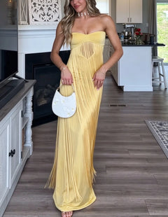 Yellow Strapless Cutout Fringe Maxi Dress with Cascading Tassels [erp-image:7bc516d726ad30742d902ca2]