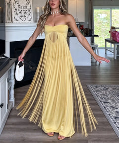 Yellow Strapless Cutout Fringe Maxi Dress with Cascading Tassels [erp-image:c81760b917c3139b3f83b7e4]