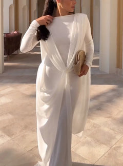 White Long Sleeve Draped Cape Column Maxi Dress for Evening [erp-image:cfd83d0e8f4bb60ae8e55858]