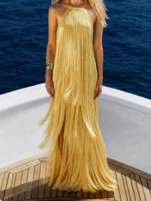 Collar Side Slit Lemon Yellow Laminated Tassel Dress