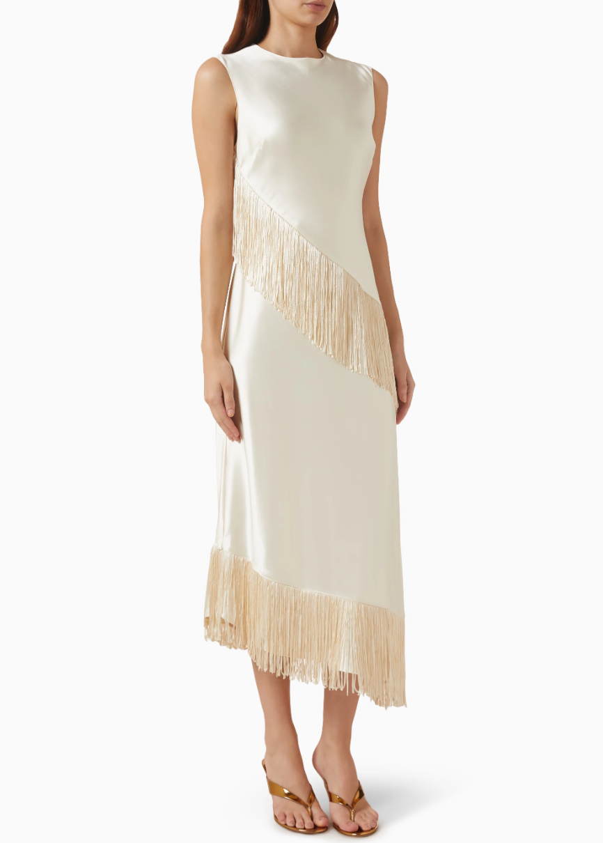 Asymmetrical Fringe Satin Midi Dress
