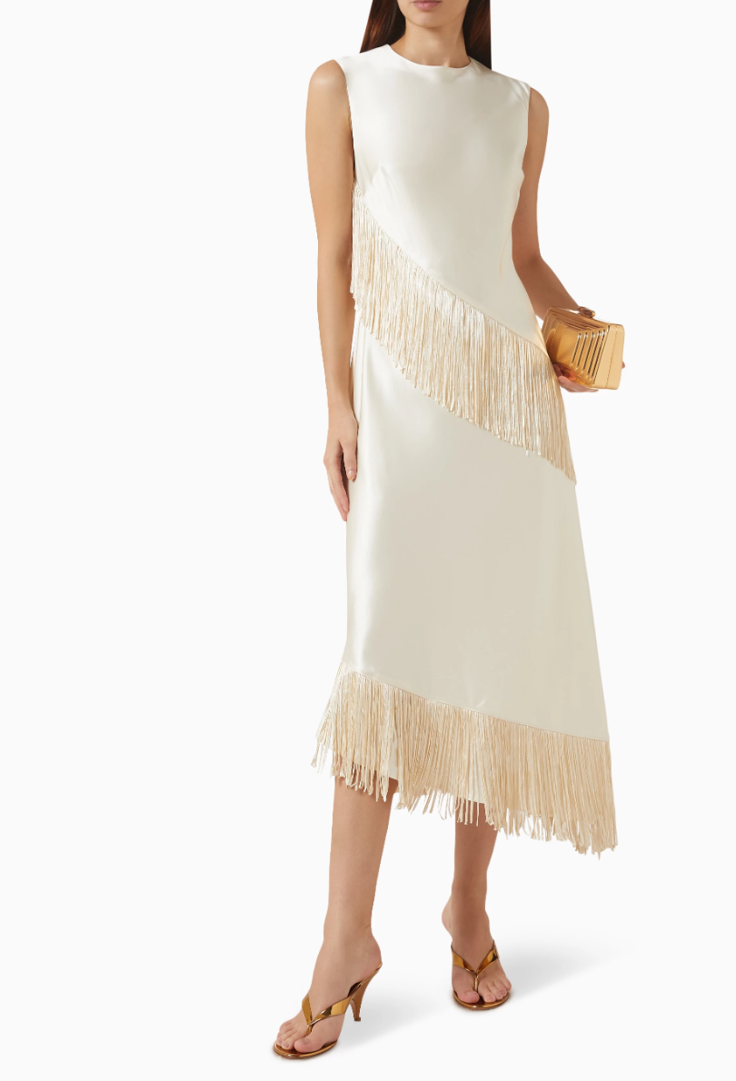Asymmetrical Fringe Satin Midi Dress