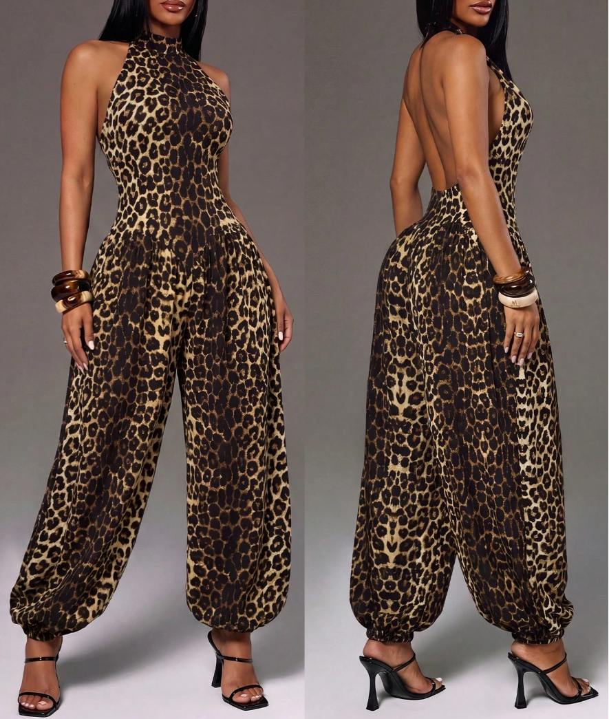 Women's Leopard Print Halter Jumpsuit - Backless Wide-Leg Lantern Pants Romper for Party & Clubwear