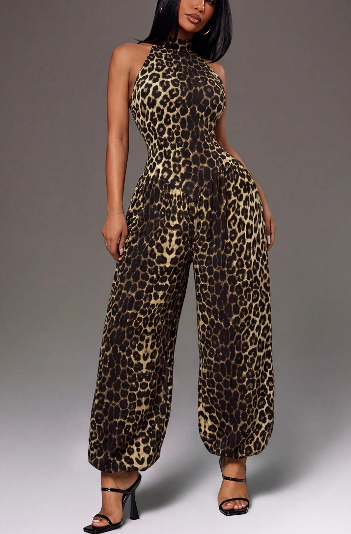 Women's Leopard Print Halter Jumpsuit - Backless Wide-Leg Lantern Pants Romper for Party & Clubwear