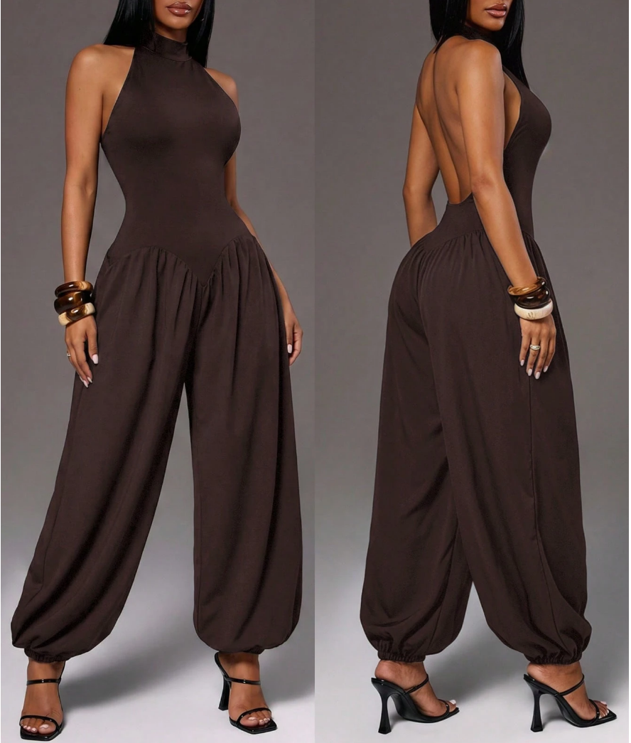 Women's Leopard Print Halter Jumpsuit - Backless Wide-Leg Lantern Pants Romper for Party & Clubwear