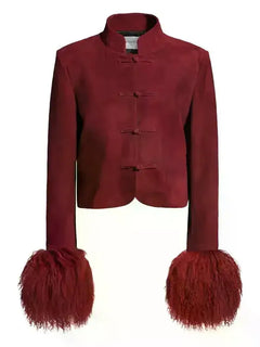 Mandarin Collar Frog Button Suede Cropped Jacket with Fur Cuffs