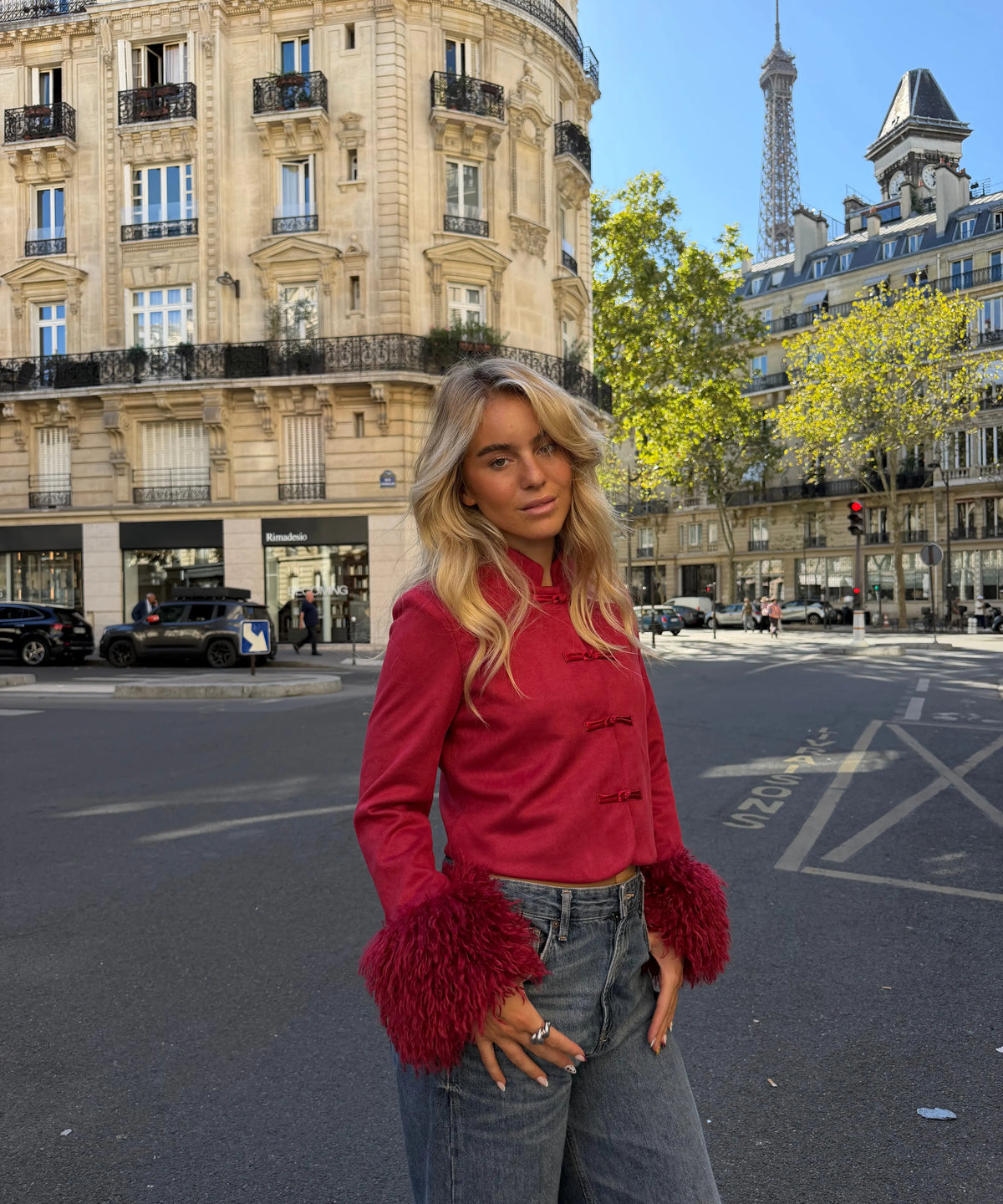 Mandarin Collar Frog Button Suede Cropped Jacket with Fur Cuffs