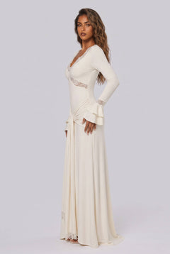 Tight Waist Lace Trim Horn Sleeve Long Dress