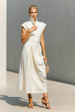 Stand-Collar High-waisted Midi Dress