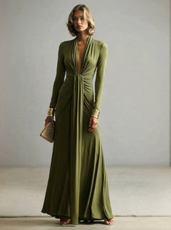 V-Neck Pleated Long Sleeve Dress