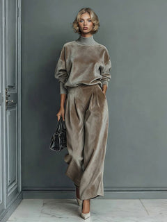 Elegant High-neck Velvet Pleated Wide-leg Pants Two-piece Set