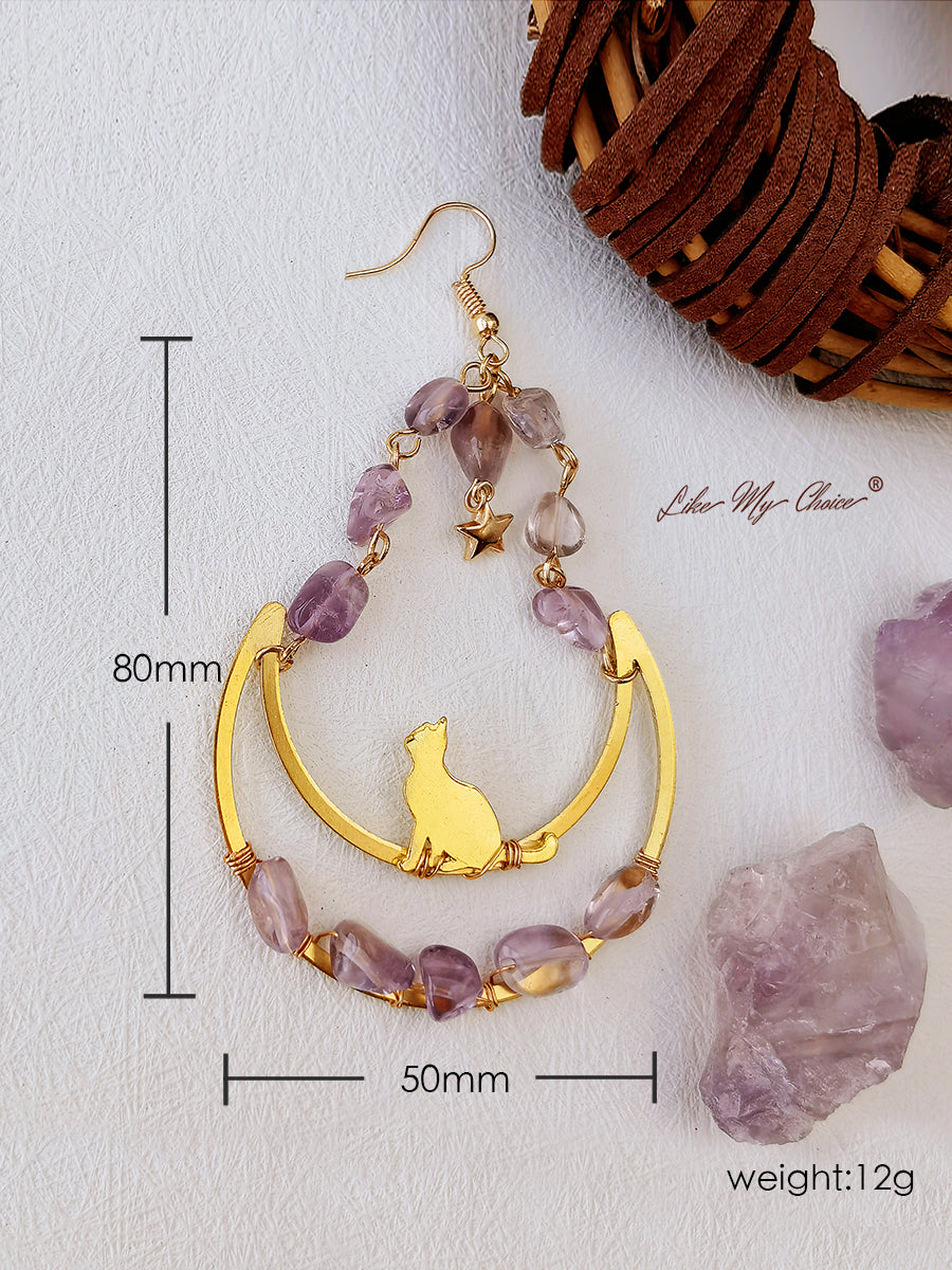 Moon & Cat Amethyst Dangle Boho Earrings-Likemychoice