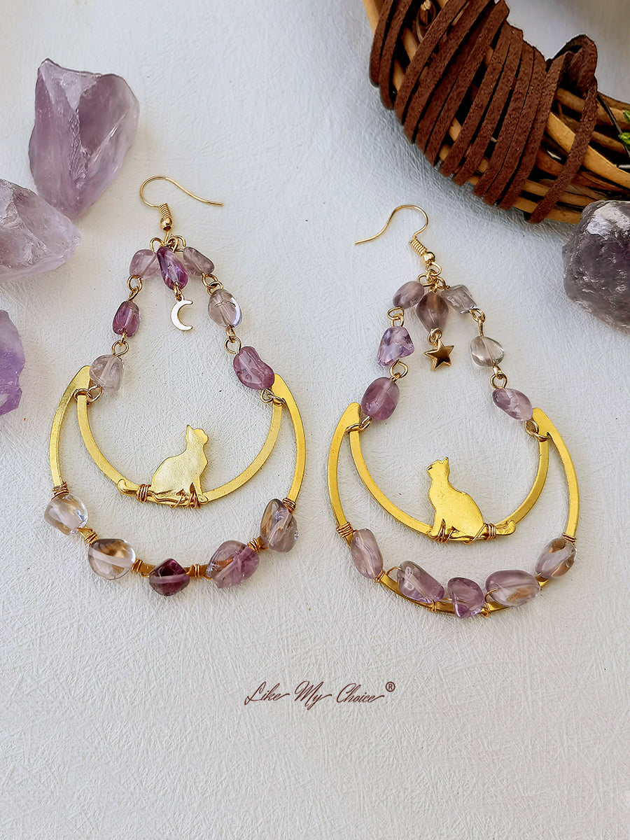 Moon & Cat Amethyst Dangle Boho Earrings-Likemychoice