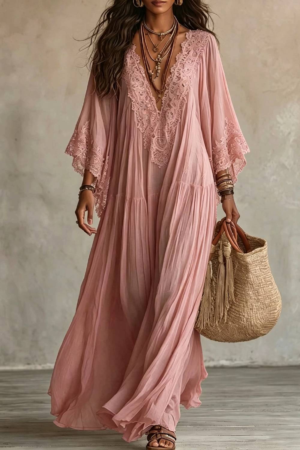 Lace V-neck Trumpet Sleeve Bohemian Long Dress