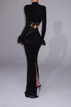 Black Sparkle Long Sleeve Crop Top and Maxi Skirt Two Piece Set