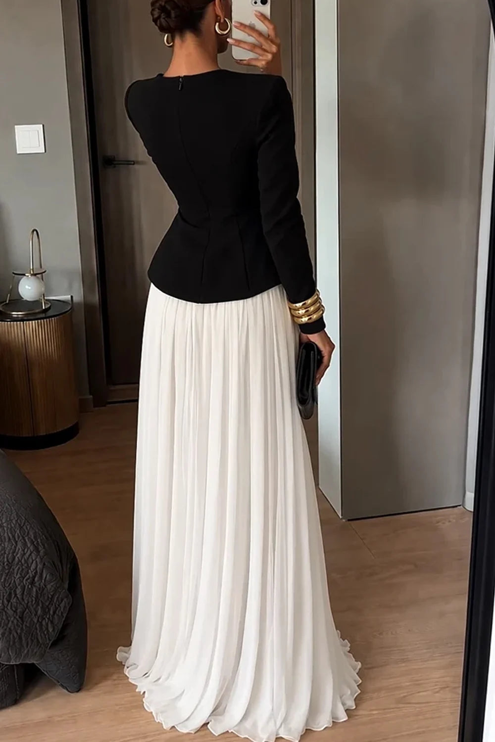 Elegant Long Sleeve Peplum Split Top and Pleated Maxi Skirt Two Piece Set [erp-image:3037ef3398cefb44a1615d4e]