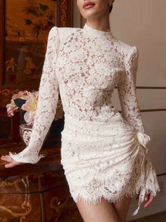 High Neck Long Sleeve Floral Lace Ruched Bodycon Cocktail Mini Dress [erp-image:944d5ead7c412884ebd852fe]
