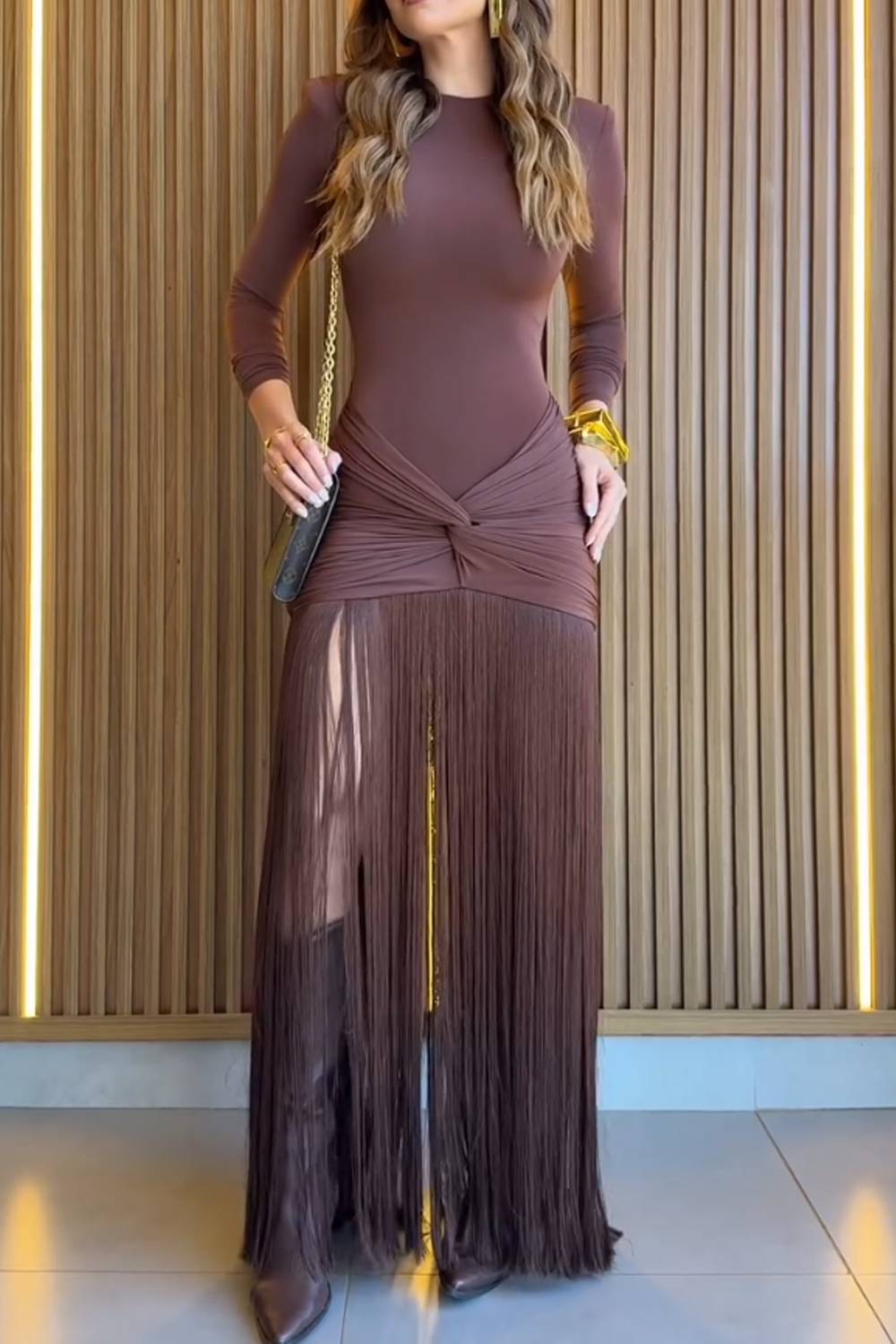 Women Long Sleeve Twist Knot Fringe Maxi Dress