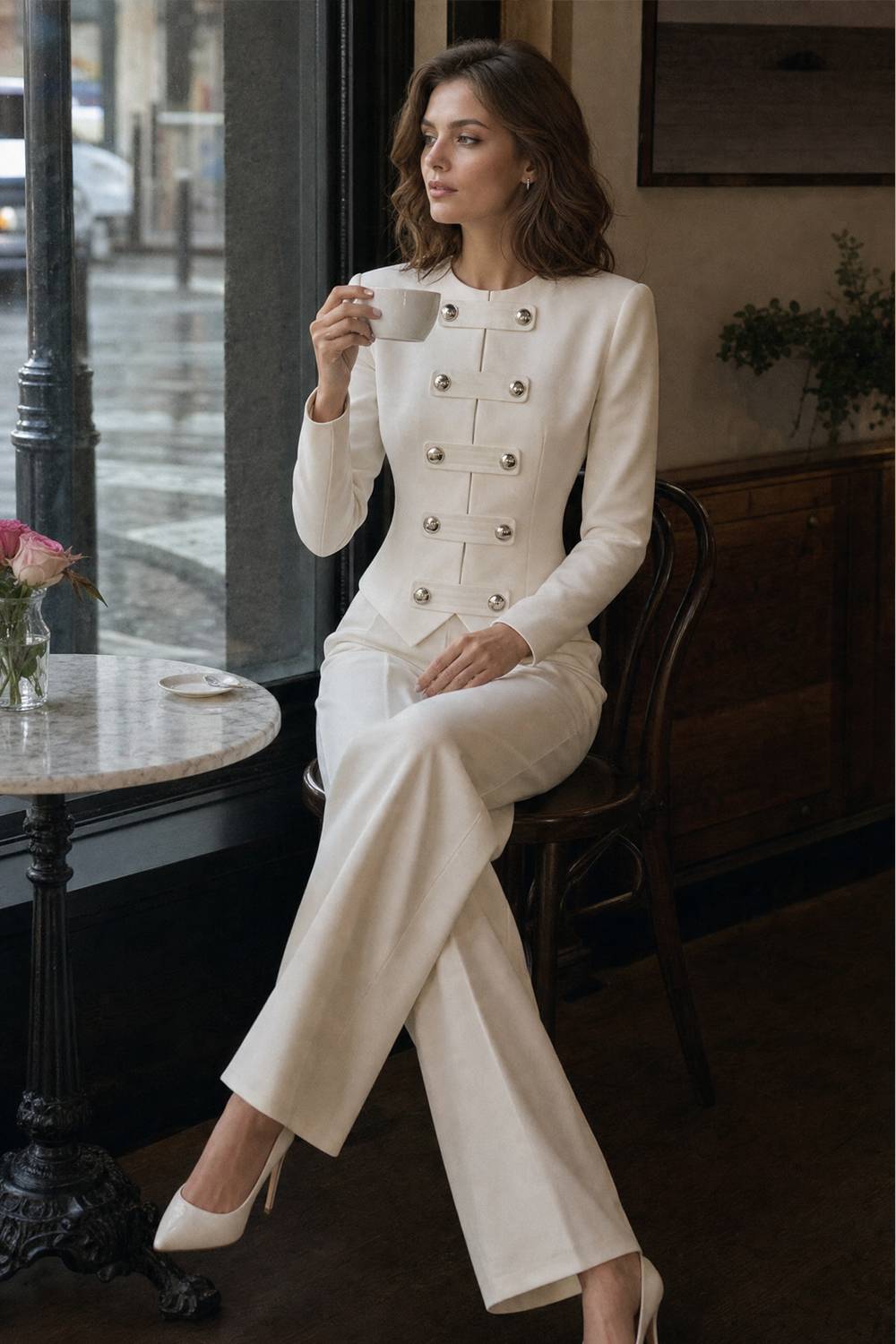 Decorative Button Tailored Blazer Flared Pant Set
