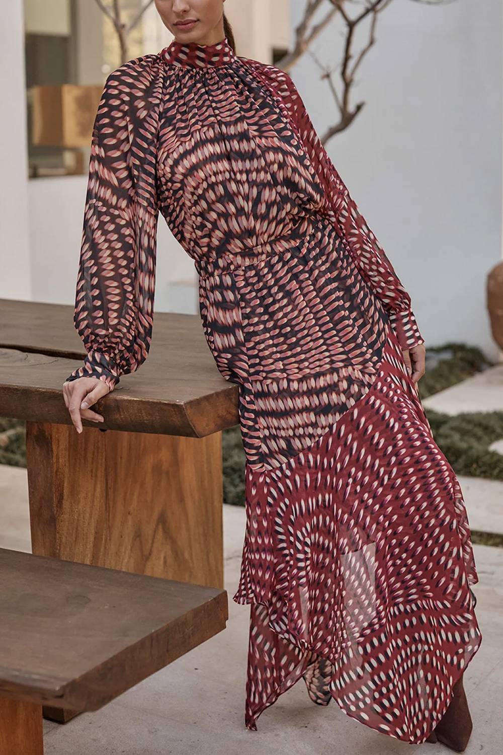 High Neck Long Sleeve Printed Asymmetrical Hem Maxi Dress