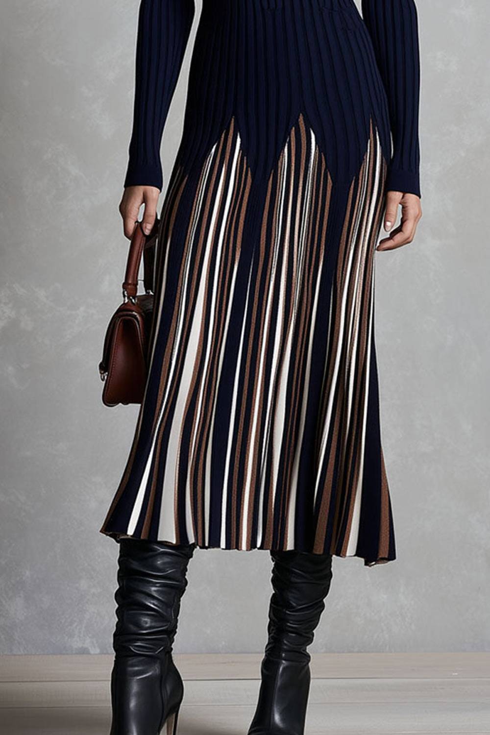 Half Zip Ribbed Knit Color Block Striped Midi Dress