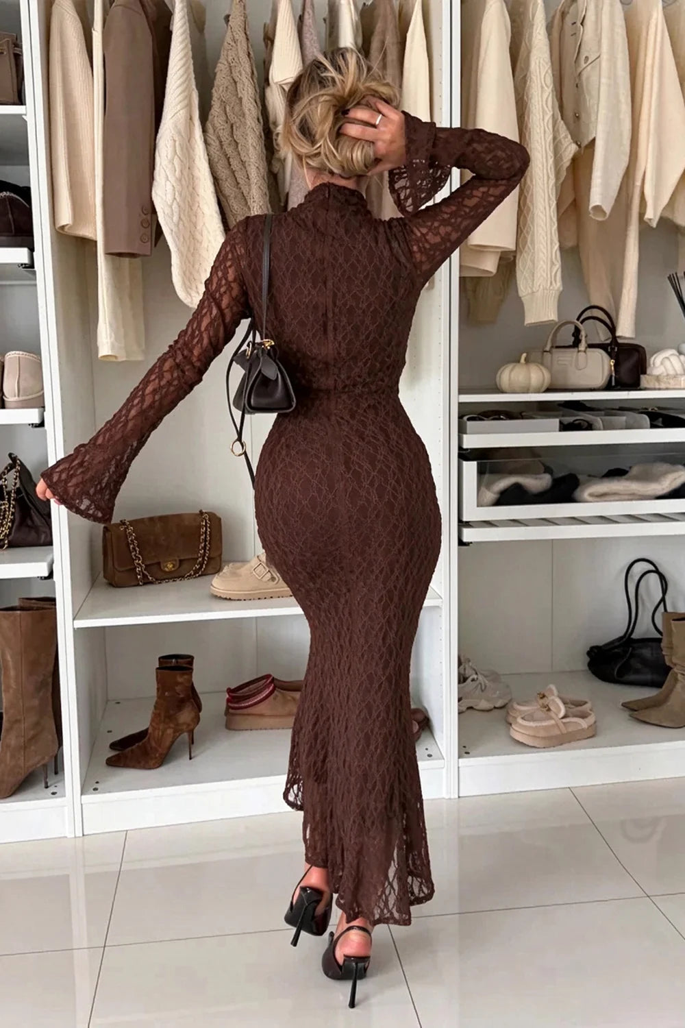 Women High Neck Long Flare Sleeve Lace Mermaid Midi Dress [erp-image:1a86778fbf083eba315fb29a]