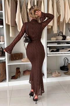 Women High Neck Long Flare Sleeve Lace Mermaid Midi Dress [erp-image:1a86778fbf083eba315fb29a]
