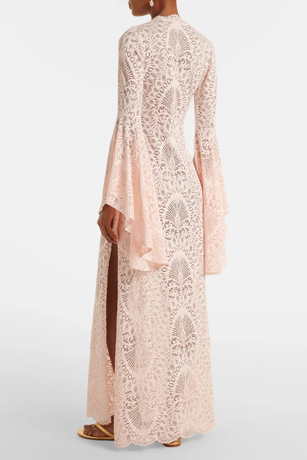 Women's V-Neck Bell Sleeve Scalloped Lace Floor Length Maxi Dress in Blush Pink [erp-image:893db70ec0b2becd58c52a3a]