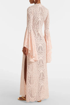 Women's V-Neck Bell Sleeve Scalloped Lace Floor Length Maxi Dress in Blush Pink [erp-image:893db70ec0b2becd58c52a3a]