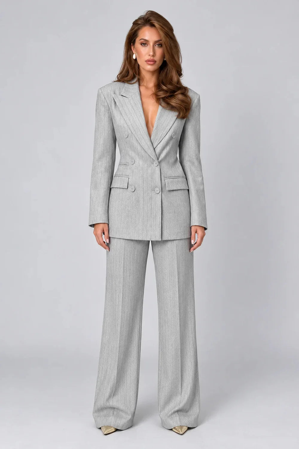 Women's Grey Pinstripe Double-Breasted Blazer and Wide-Leg Pants Two-Piece Suit Set [erp-image:404babf46664989905a95ee7]
