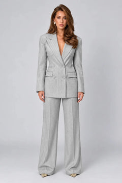 Women's Grey Pinstripe Double-Breasted Blazer and Wide-Leg Pants Two-Piece Suit Set [erp-image:404babf46664989905a95ee7]