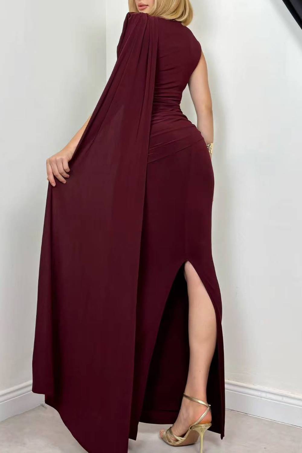 Cowl Neck Sleeveless Draped Ruched Maxi Dress With Cape Detail