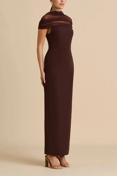 Chocolate Brown Mesh Draped Off the Shoulder Sleeveless Column Maxi Dress [erp-image:bd365e08de666549dc96e45c]