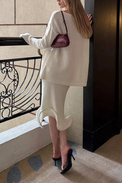Cream Ribbed Knit Crewneck Sweater and Ruffle Hem Midi Skirt Two Piece Set