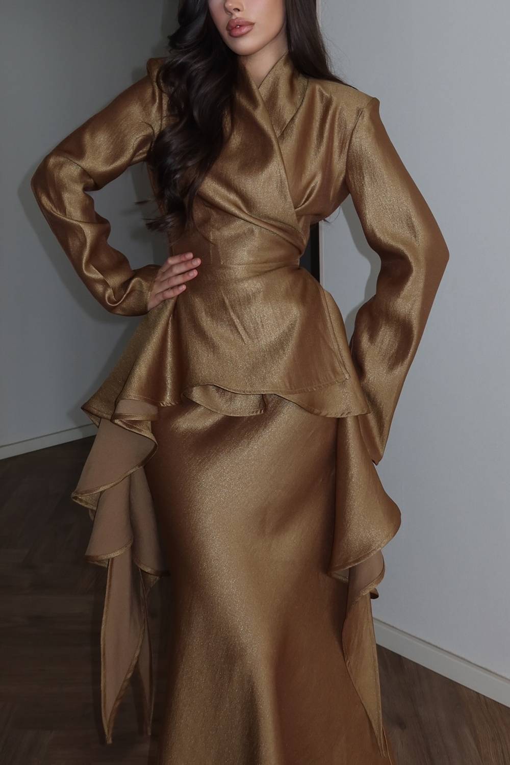 Wrap Ruffled Long Sleeve Top & Mermaid Maxi Skirt Two Piece Set