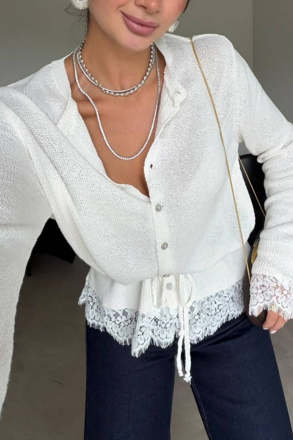 Lace Trim Knit Button Down Drawstring Waist Top