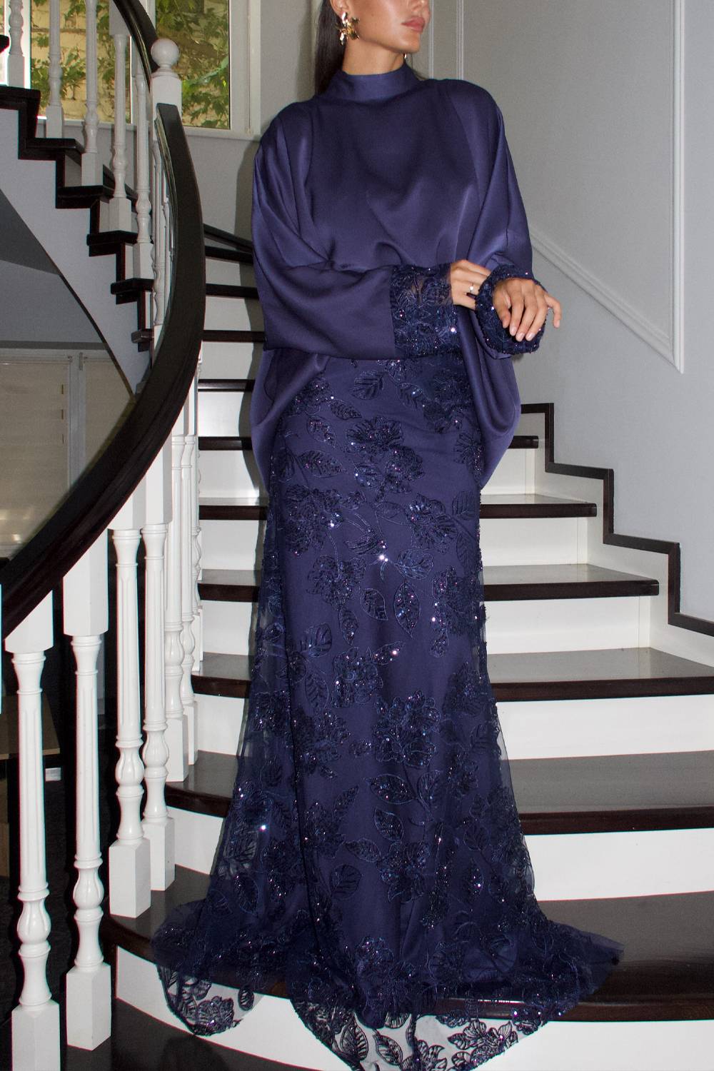 Batwing Satin Blouse & Embroidered Sequin Maxi Skirt Two Piece Set