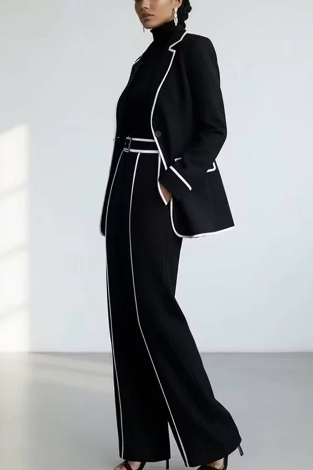 Contrast Piped Trim Blazer & Wide Leg Pants Two Piece Suit Set