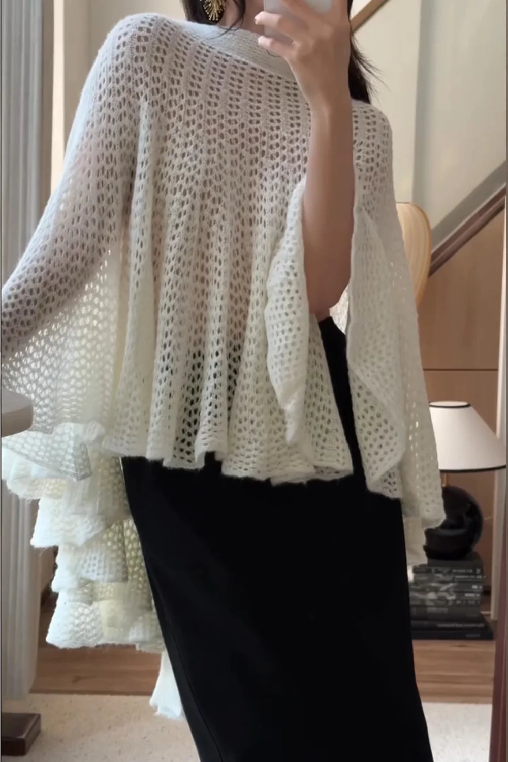Women's Open Knit Cape Top Flowing Asymmetric Hem Flared Poncho Blouse [erp-image:904c7a67e90a320c3f7365ea]